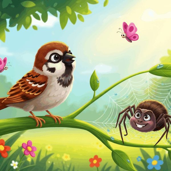 นิทานอีสป เรื่อง นกกระจอกกับแมงมุม