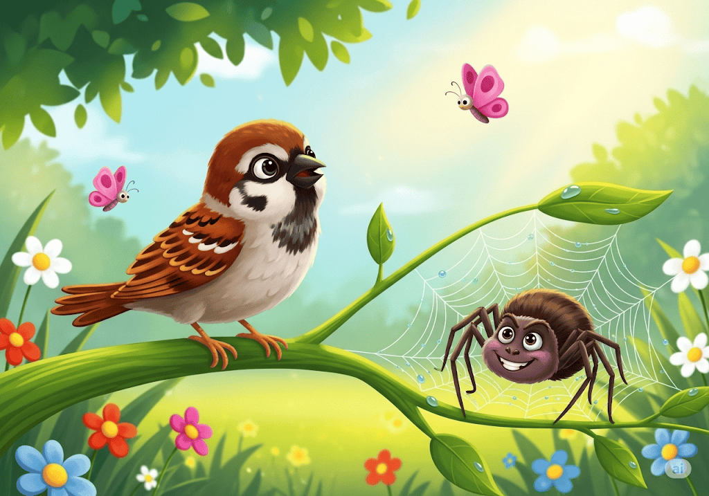 นิทานอีสป เรื่อง นกกระจอกกับแมงมุม