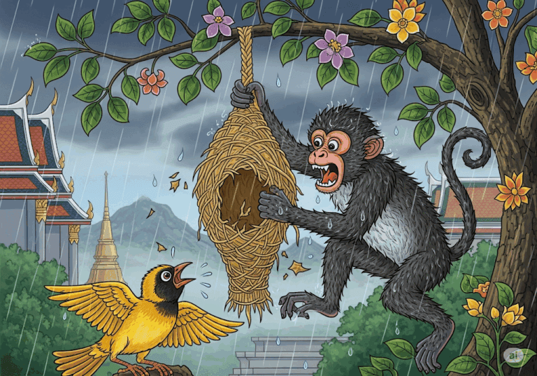 นิทานชาดก เรื่อง กุฏิทูสกชาดก (ลิงกับนกกระจาบ) พร้อมข้อคิดสอนใจ