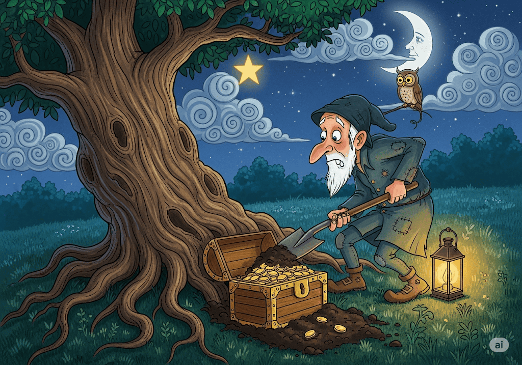 นิทานอีสป เรื่อง คนขี้เหนียวฝังสมบัติ พร้อมข้อคิดสอนใจ